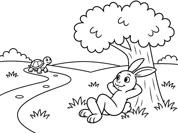 Haru the hare far ahead sitting awake and resting beneath one broad shade tree while Tomo the tortoise continues along the path behind., printable black-and-white coloring page