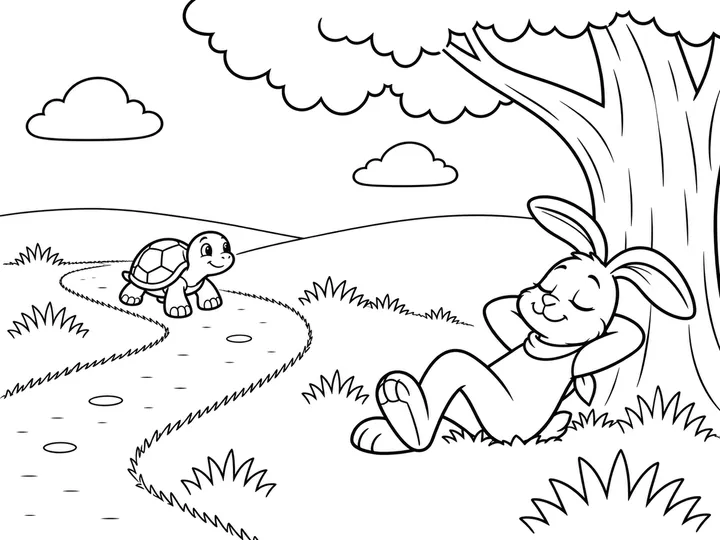 Haru the hare sleeping peacefully with closed eyes beneath the broad tree while Tomo the tortoise walks onward along the path., printable black-and-white coloring page