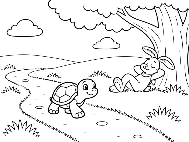 Tomo the tortoise walking in the foreground past the peacefully sleeping Haru beneath the broad tree, continuing toward the finish., printable black-and-white coloring page
