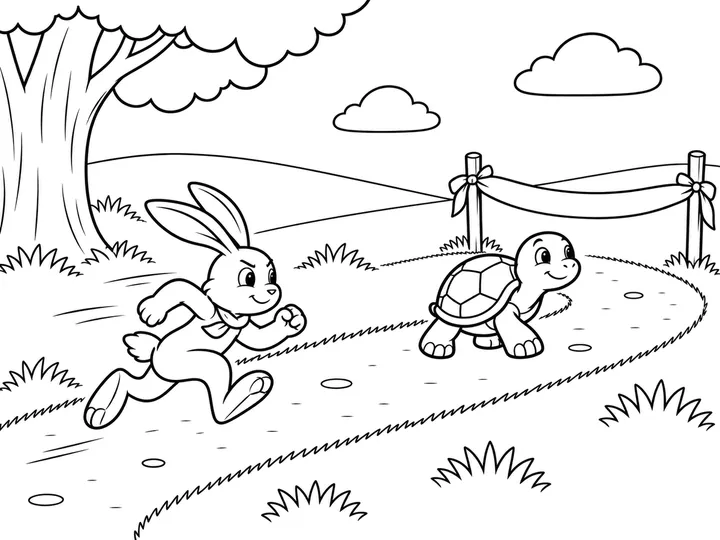 Haru the hare waking and rushing from the tree toward the finish ribbon while Tomo the tortoise is already near it ahead., printable black-and-white coloring page