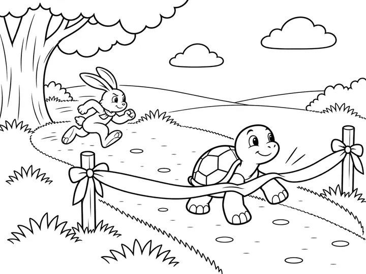 Tomo the tortoise crossing the finish ribbon first with a gentle proud smile while Haru runs toward it from behind., printable black-and-white coloring page