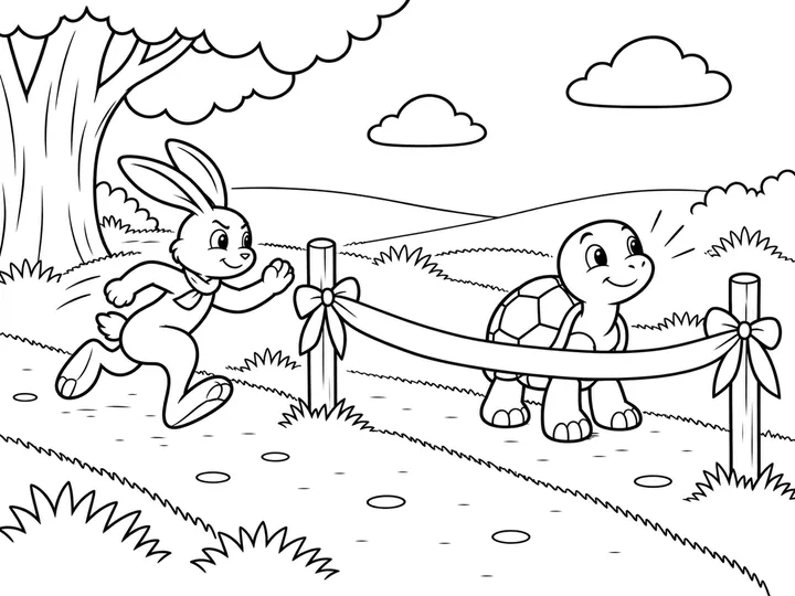Haru the hare arriving on the near side of the finish ribbon with one friendly paw raised to congratulate Tomo, who is already beyond the ribbon on the far side., printable black-and-white coloring page