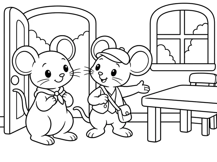 Mina and Tiko stand at the open doorway of Tiko's simple town kitchen; Tiko points toward the broad table., printable black-and-white coloring page
