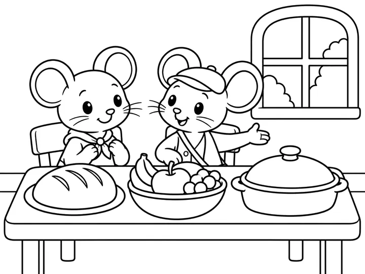 Mina and Tiko sit at the town table with one loaf, one fruit bowl, and one covered dish., printable black-and-white coloring page