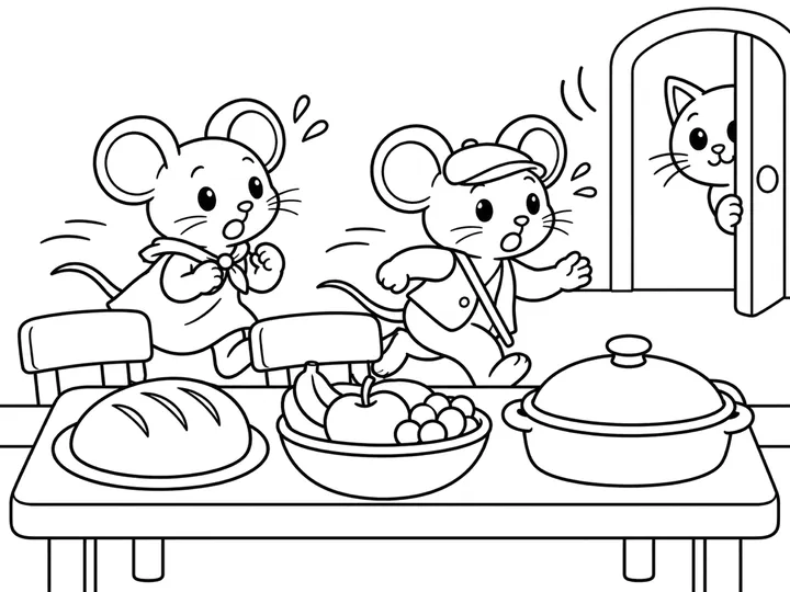 A friendly but startling cat peeks around the open doorway with simple sound lines while Mina and Tiko flee the feast., printable black-and-white coloring page