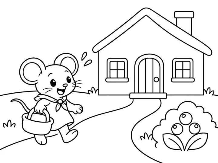 Mina walks home with her plain basket along the country path; her cottage and simple berry plant are fully visible., printable black-and-white coloring page