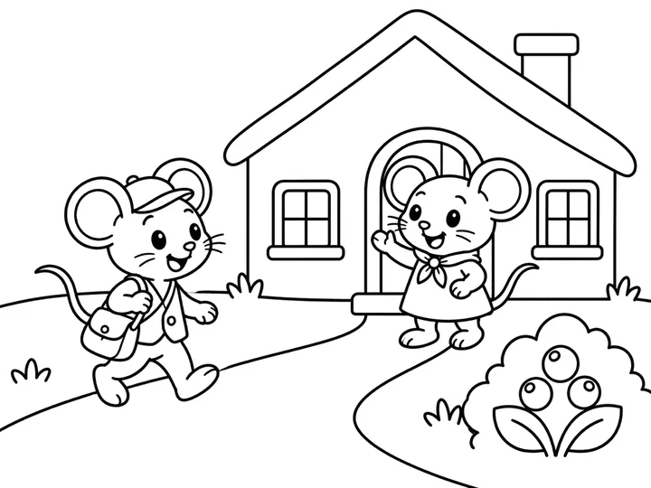 Tiko walks toward Mina's country cottage with his satchel while Mina welcomes him from the doorway., printable black-and-white coloring page
