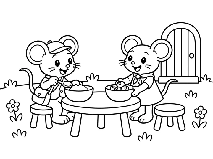 Mina offers Tiko two simple bowls of grain and berries at a small outdoor country table., printable black-and-white coloring page