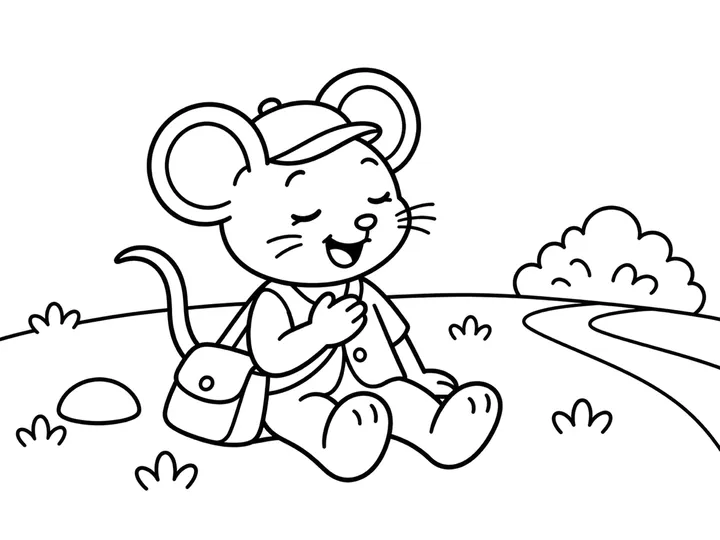 Tiko sits alone in the calm meadow with his satchel down and one paw over his heart., printable black-and-white coloring page