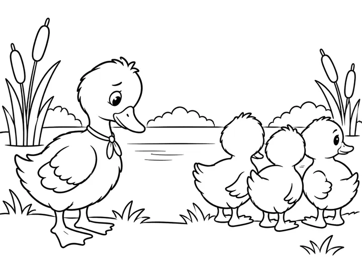 Dew stands apart with a gentle face while two or three ordinary ducklings stay together and leave a clear space between them., printable black-and-white coloring page