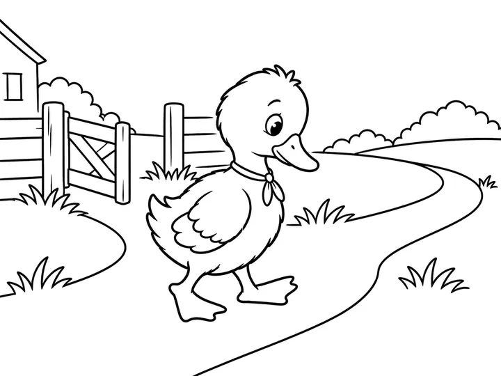 Dew walks calmly along an open path away from a small farmyard gate, with the farmyard behind him and open countryside ahead., printable black-and-white coloring page