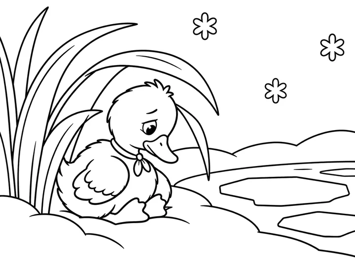 Dew curls safely among tall reeds beside a quiet pond, with broad snow mounds and a simple winter bank showing the cold season., printable black-and-white coloring page