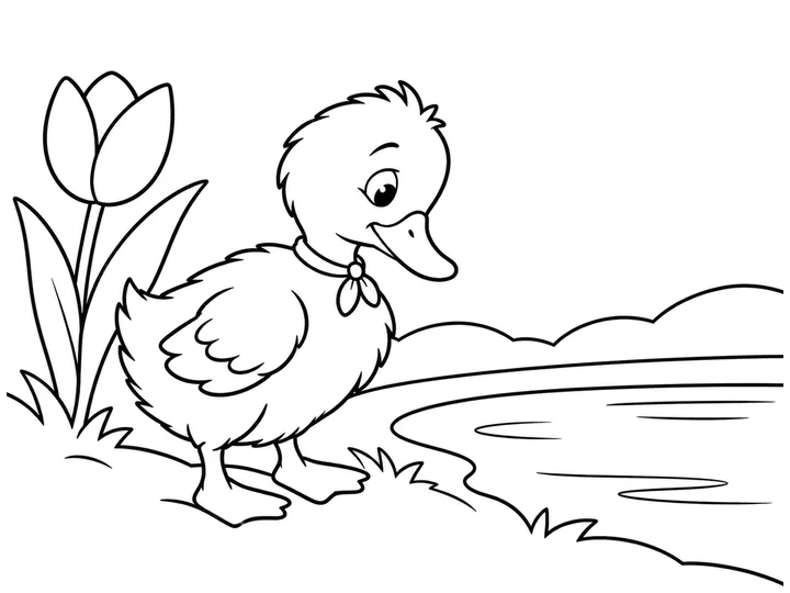 A noticeably larger young Dew stands beside the thawed pond and one broad spring flower, still clearly a duckling with his ribbon., printable black-and-white coloring page