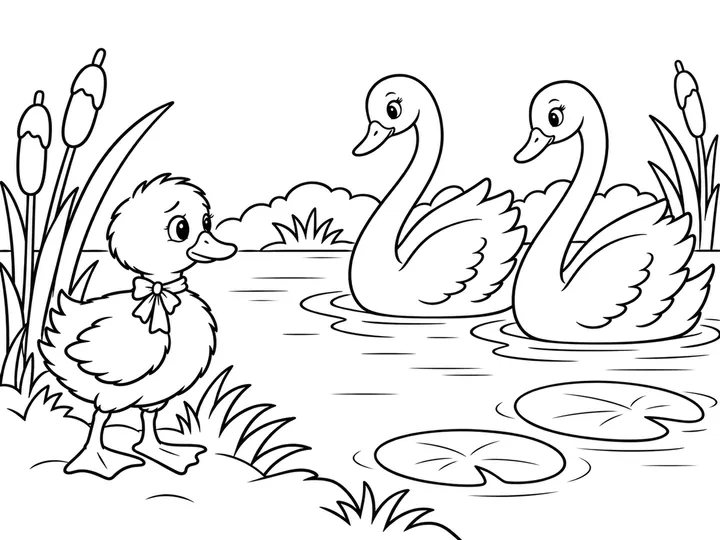 Dew, still a fluffy young duckling, gazes from the bank toward two graceful long-necked swans gliding across the pond., printable black-and-white coloring page