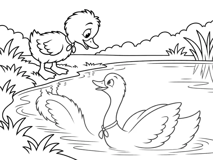 Dew leans over the pond as a large clear water reflection shows the same character grown into a graceful swan with a long neck and the ribbon., printable black-and-white coloring page