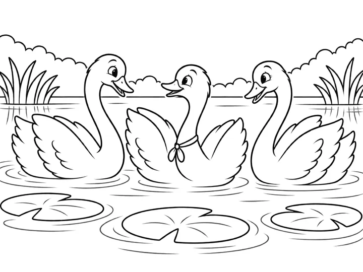 Dew, now a graceful young swan wearing the ribbon, swims happily beside two welcoming swans on one peaceful pond., printable black-and-white coloring page
