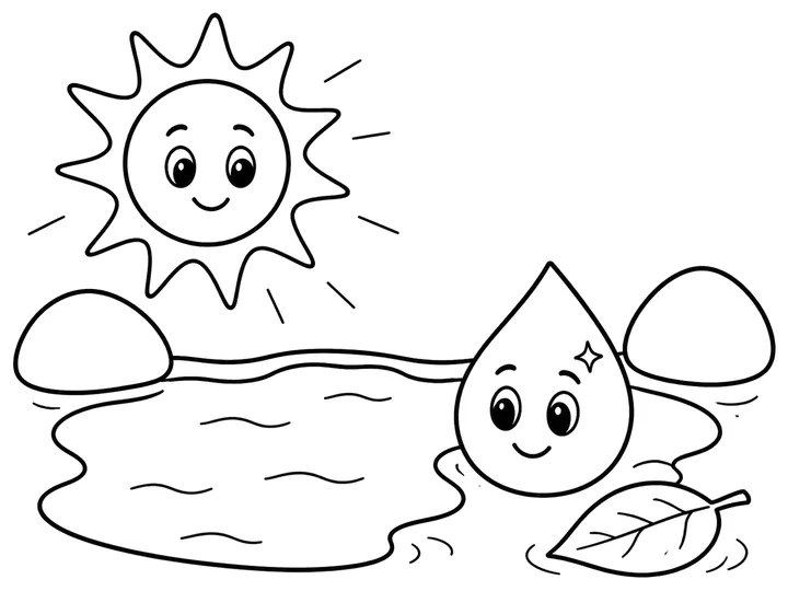 Water droplet beside a sunny pond, printable coloring page