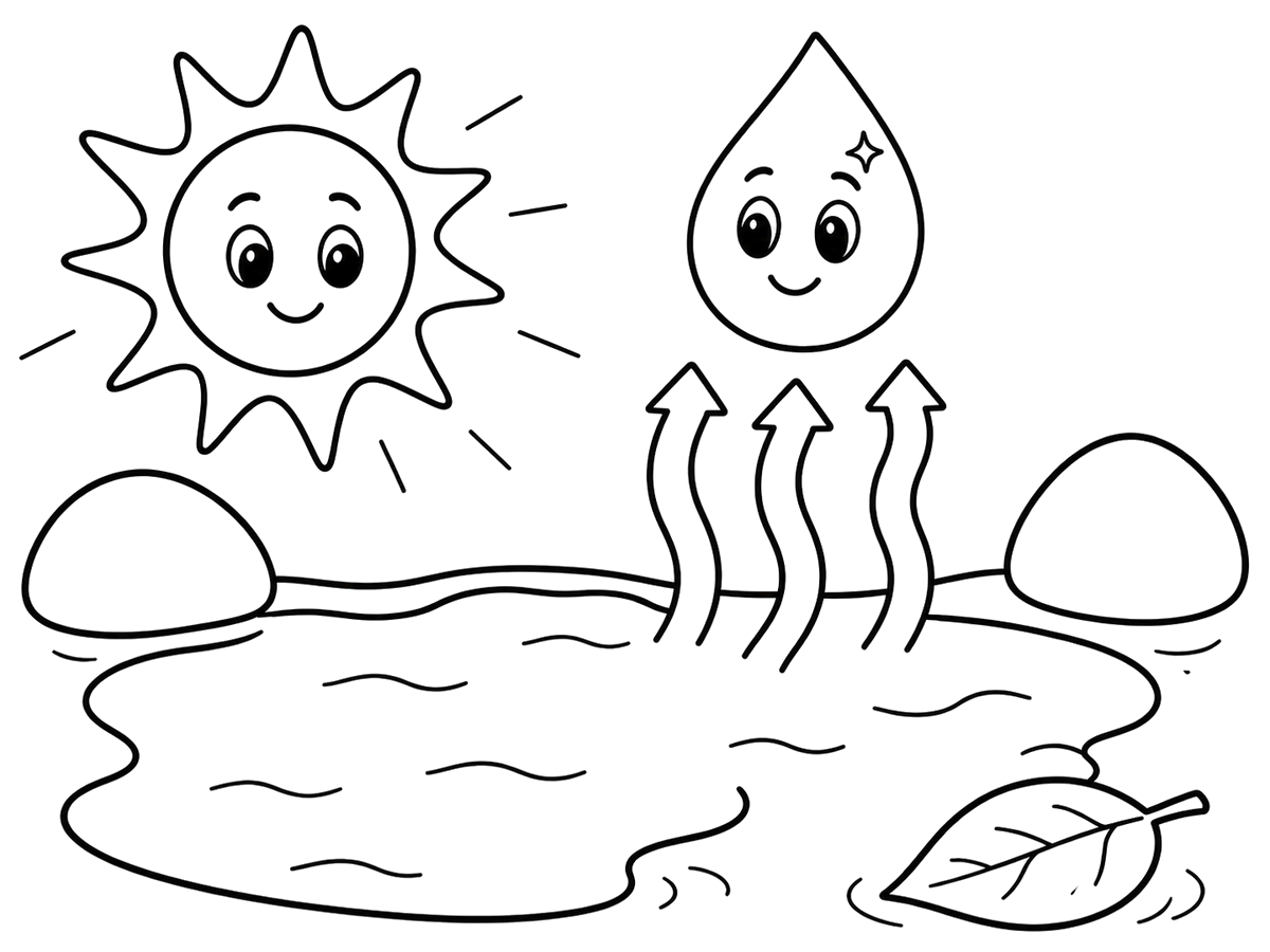 Water droplet turning into vapor above pond, printable coloring page