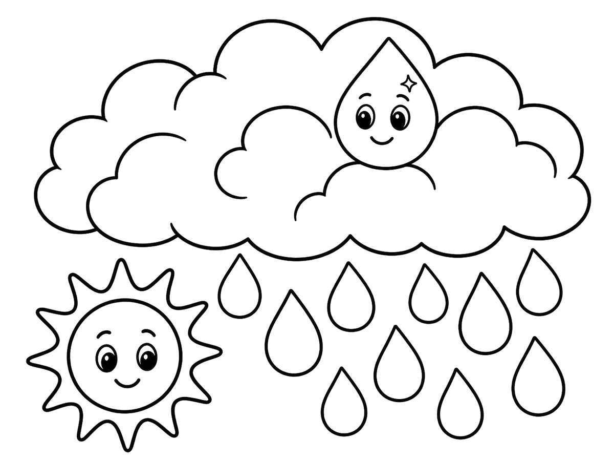 Large cloud growing around a smiling water droplet, printable coloring page