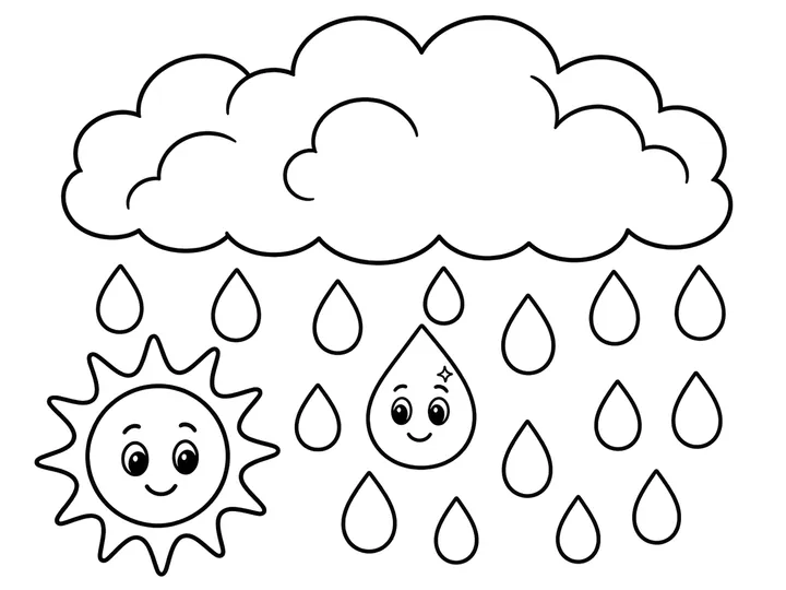 Smiling raindrop falling from cloud, printable coloring page