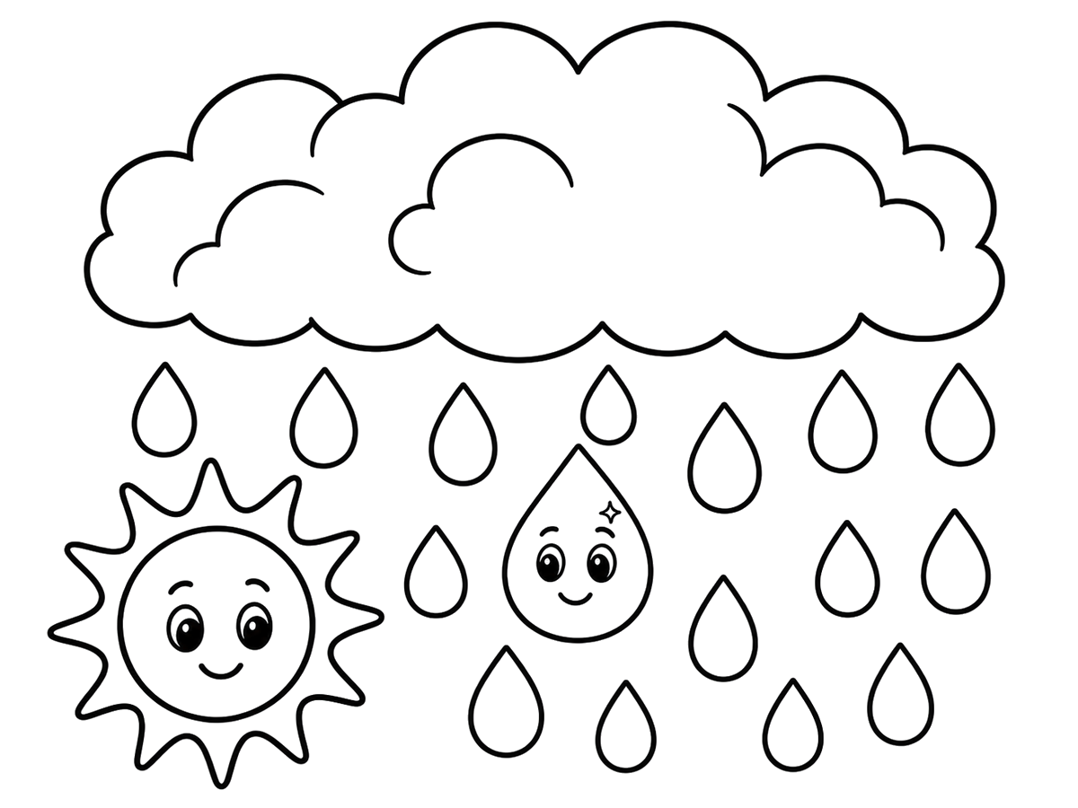 Smiling raindrop falling from cloud, printable coloring page
