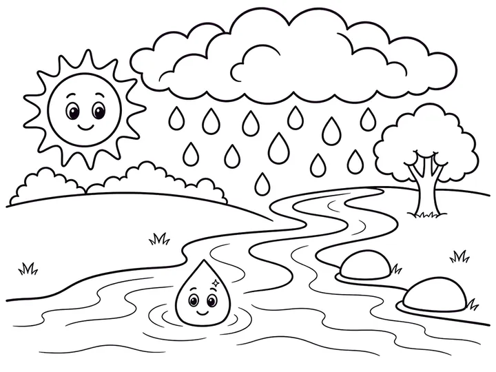 Water droplet flowing from stream to river, printable coloring page