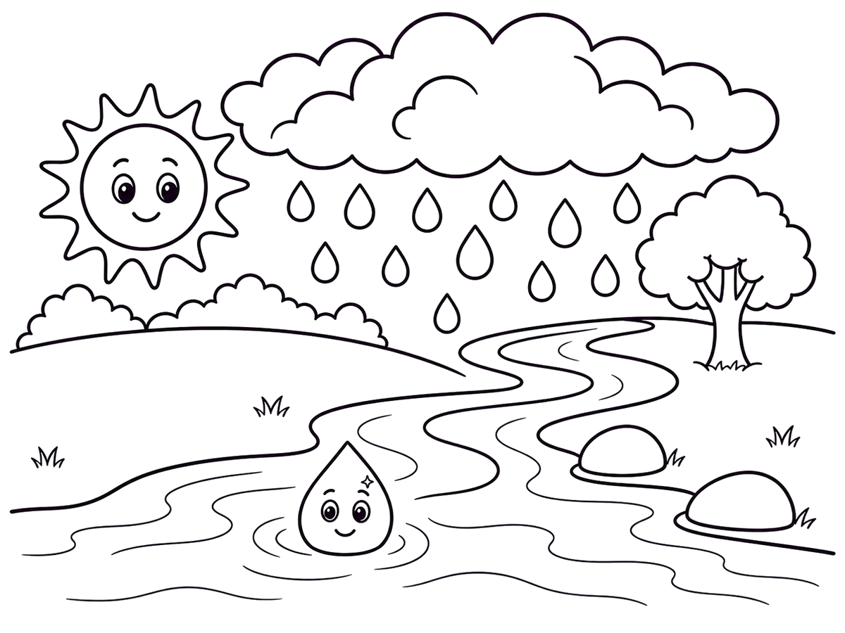 Water droplet flowing from stream to river, printable coloring page
