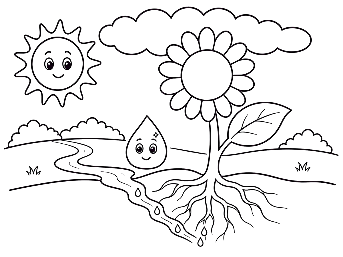 Water droplet helping a sunflower drink, printable coloring page
