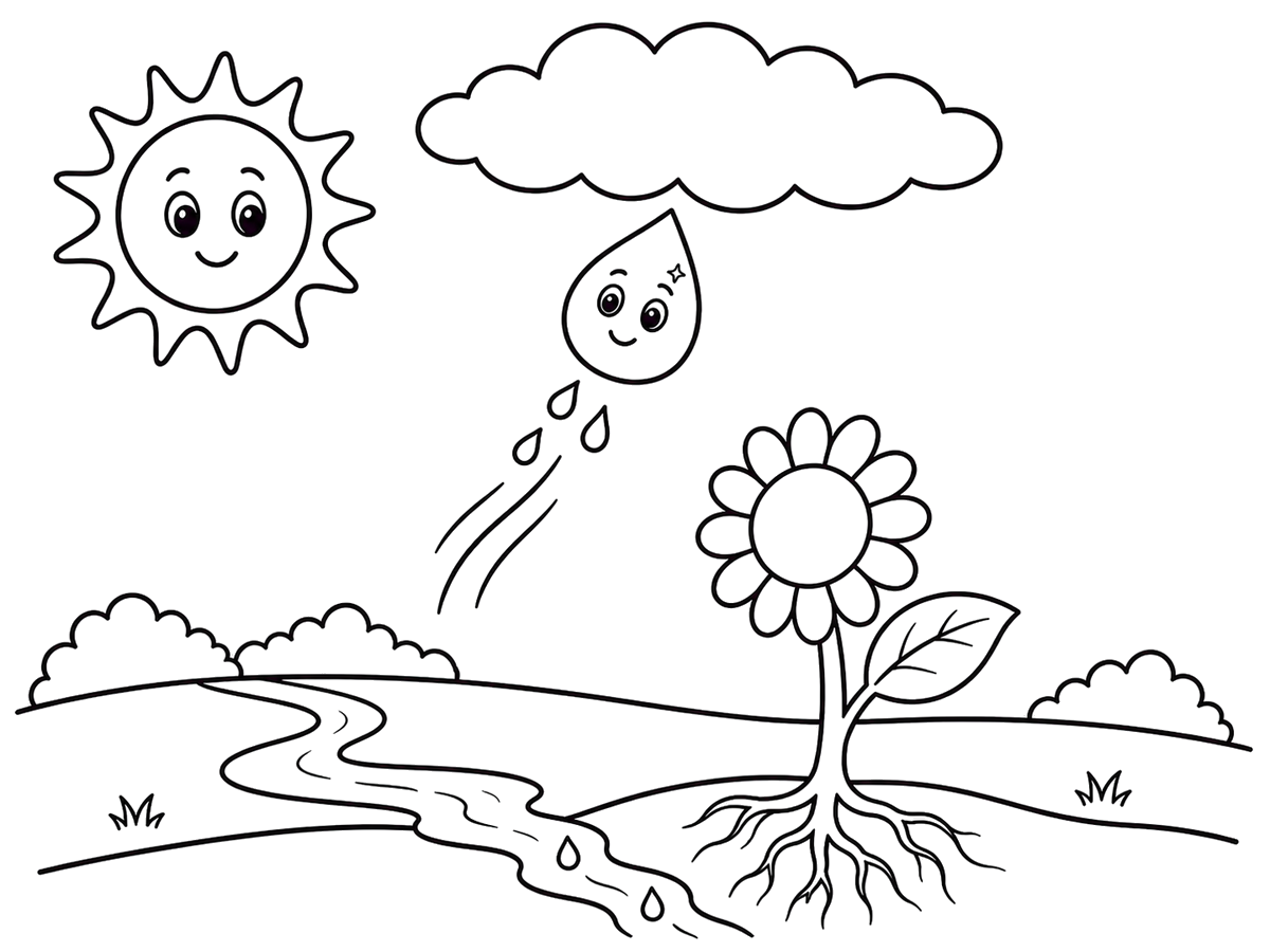 Water droplet rising from river and garden, printable coloring page