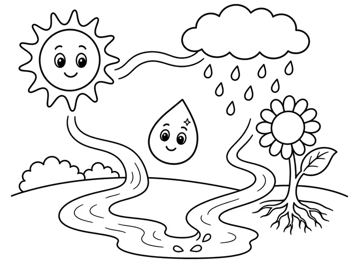 Complete water cycle landscape with smiling water droplet, printable coloring page