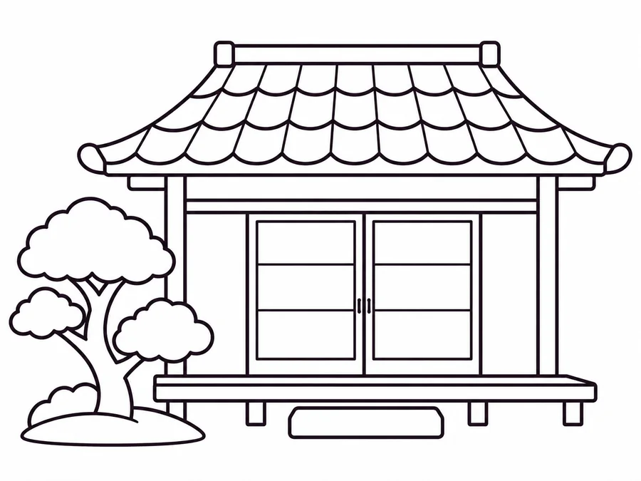 Japanese House coloring page with clear uncolored outlines