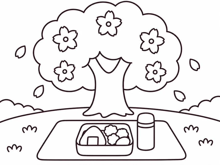 Cherry Blossom Picnic coloring page with clear uncolored outlines