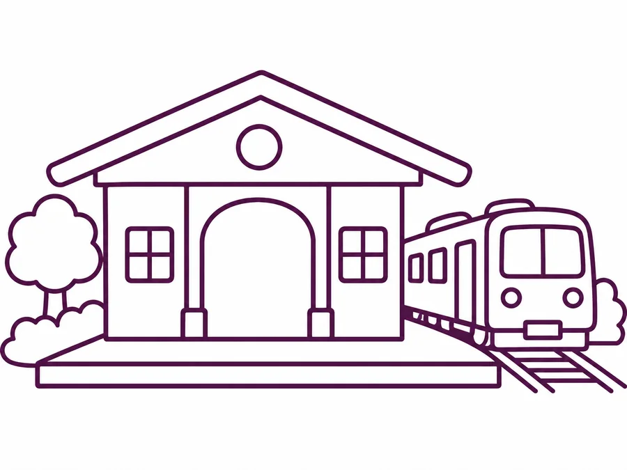 Small Train Station coloring page with clear uncolored outlines