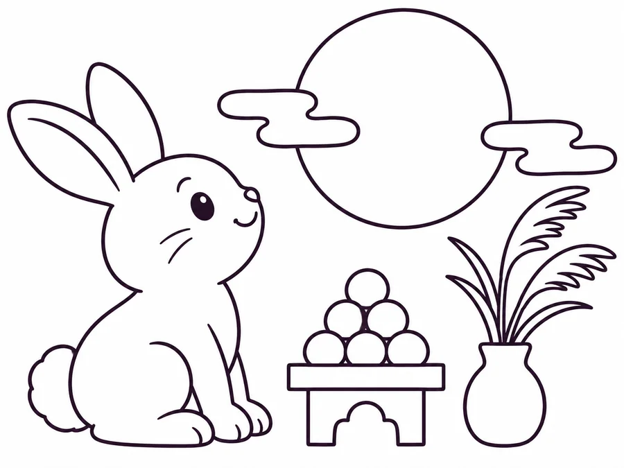 Moon Viewing Rabbit coloring page with clear uncolored outlines
