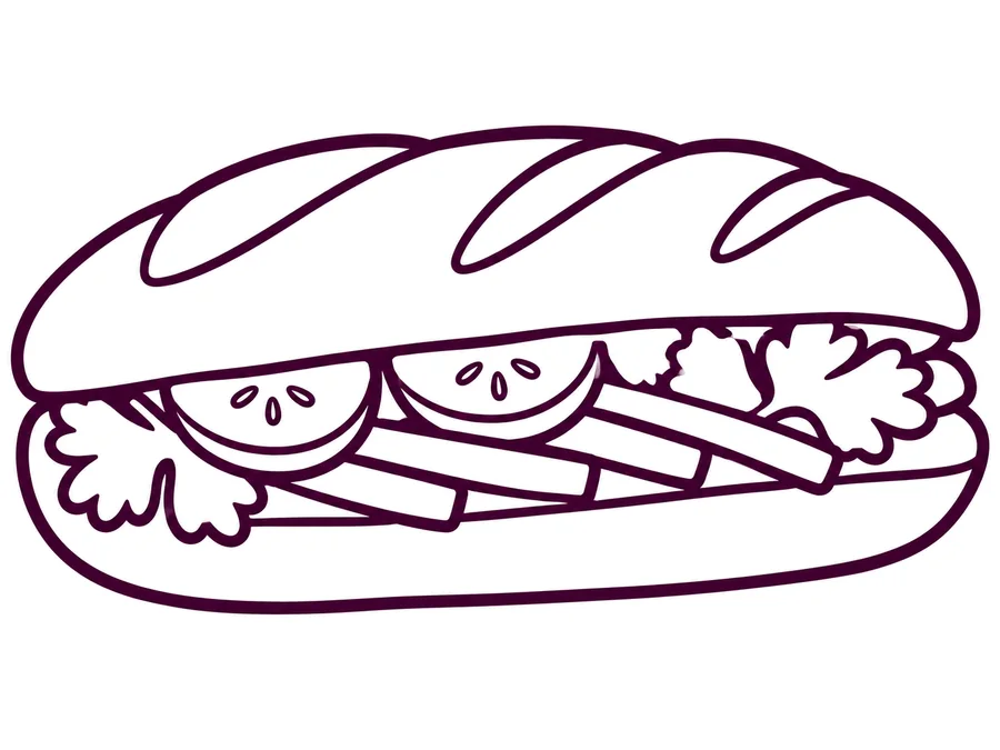 Vietnamese bánh mì sandwich coloring page with clear uncolored outlines