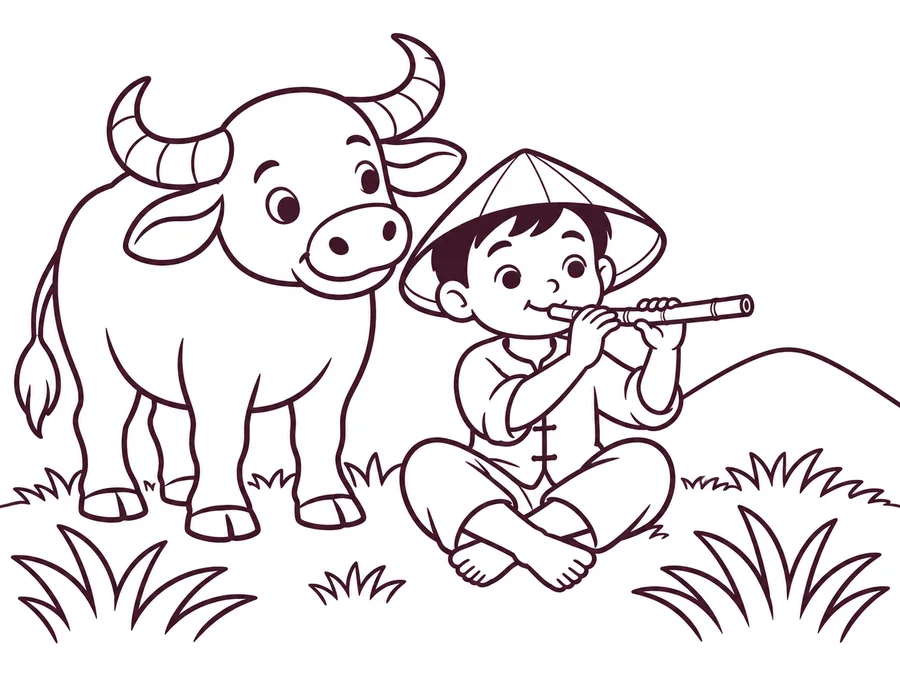 Boy playing flute beside a buffalo coloring page with clear uncolored outlines