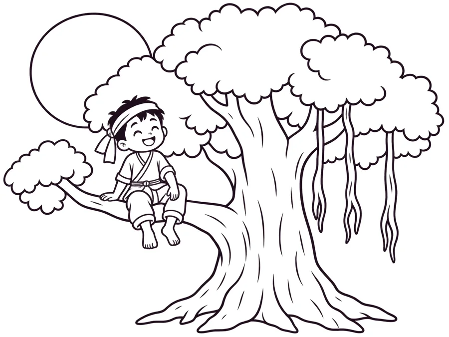 Chú Cuội under the banyan tree coloring page with clear uncolored outlines