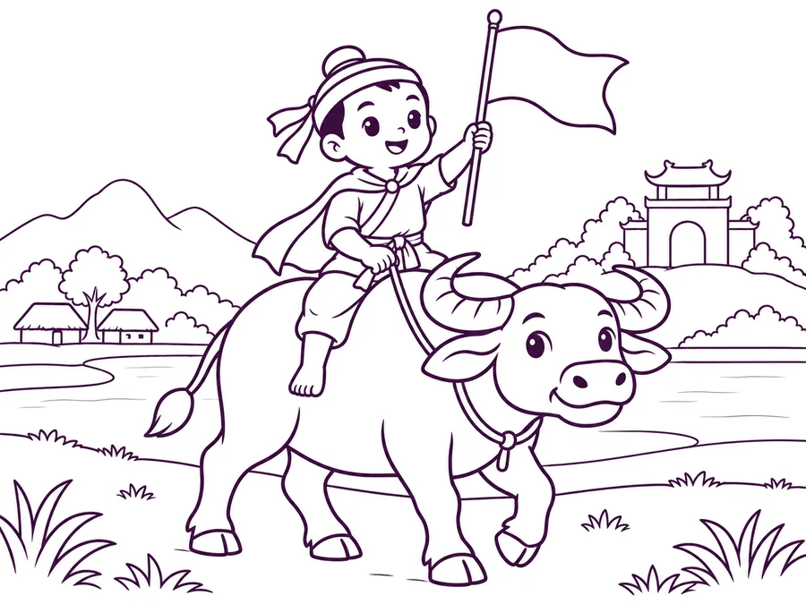 Young Đinh Bộ Lĩnh on a buffalo coloring page with clear uncolored outlines