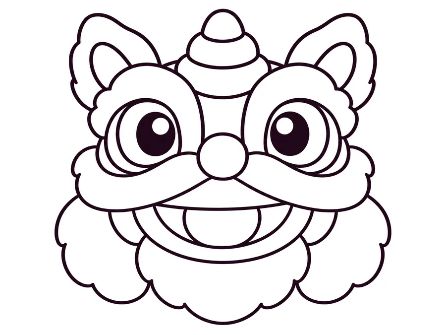 Friendly lion dance head coloring page with clear uncolored outlines