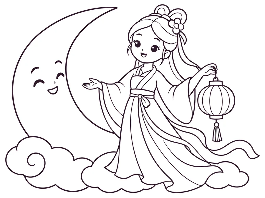 Moon Lady Chị Hằng coloring page with clear uncolored outlines