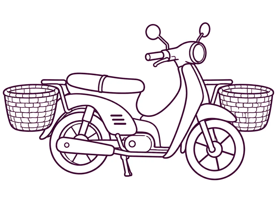 Motorbike carrying baskets coloring page with clear uncolored outlines