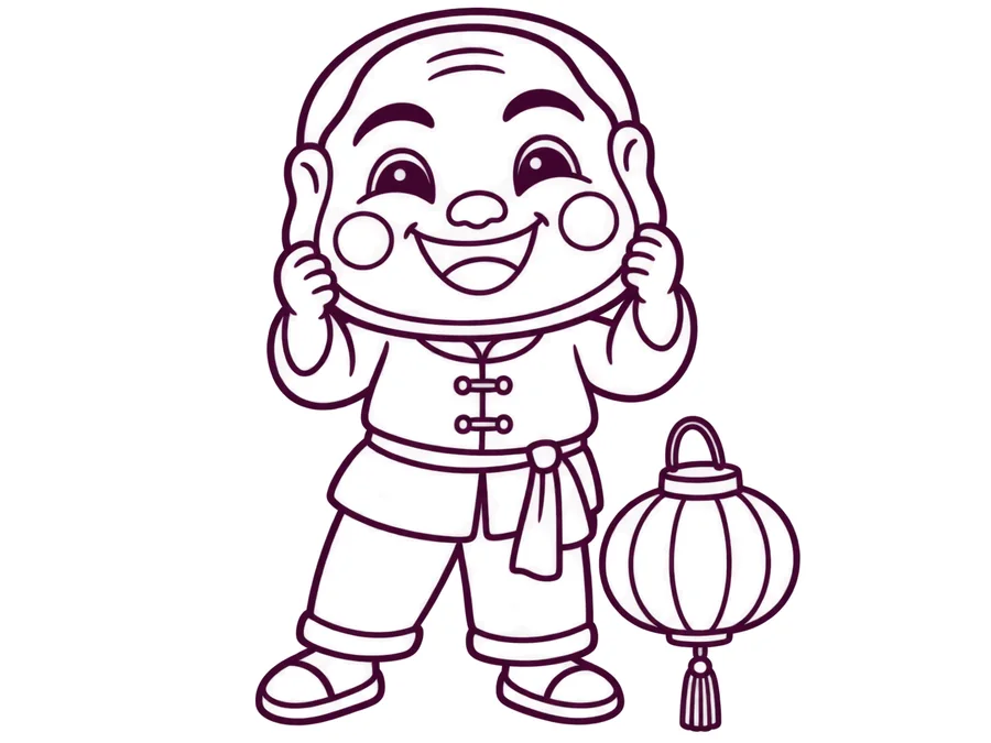 Child wearing an Ông Địa mask coloring page with clear uncolored outlines