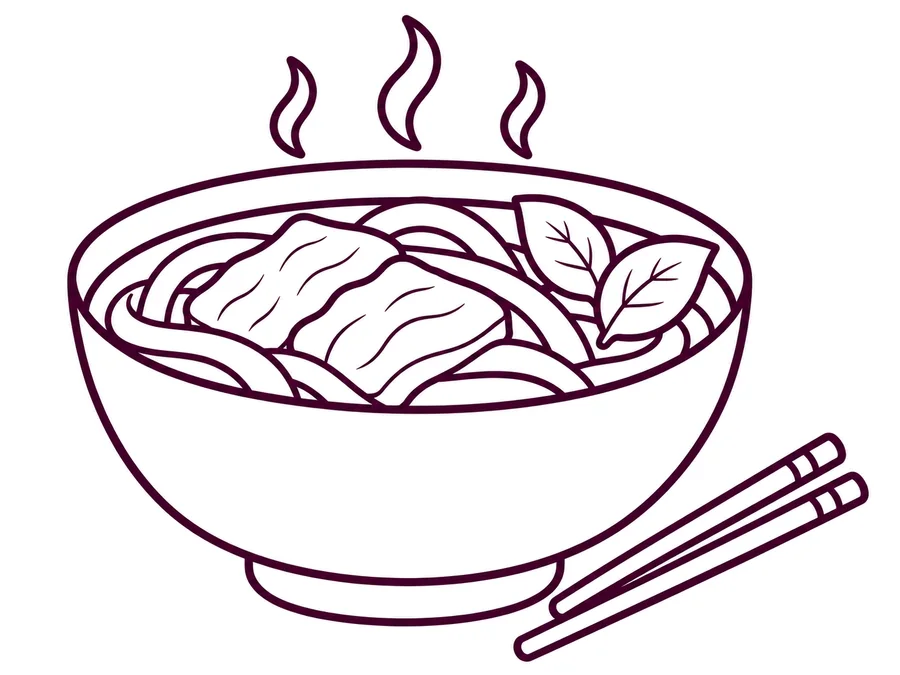 A bowl of Vietnamese phở coloring page with clear uncolored outlines
