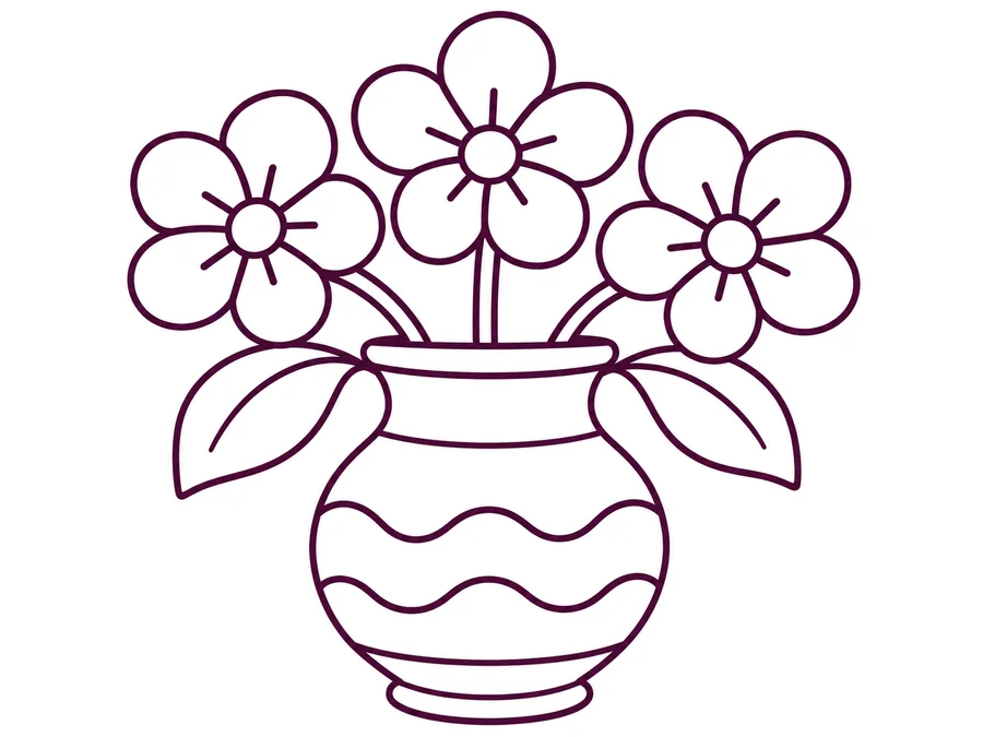 Tết spring flower vase coloring page with clear uncolored outlines