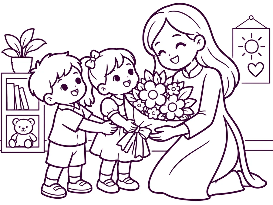 Child giving flowers to a teacher coloring page with clear uncolored outlines