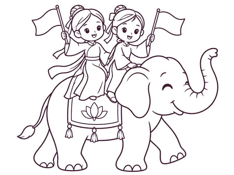 The Trưng Sisters on a gentle elephant coloring page with clear uncolored outlines