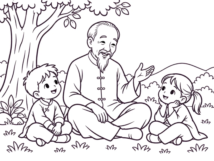 Uncle Hồ greeting children coloring page with clear uncolored outlines
