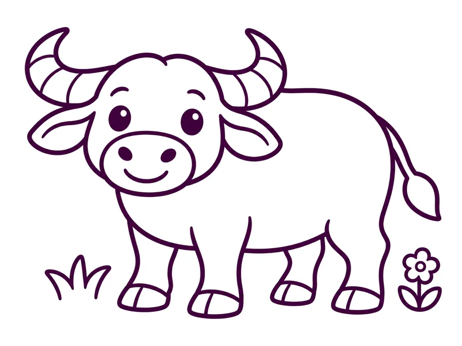 Friendly water buffalo coloring page with clear uncolored outlines